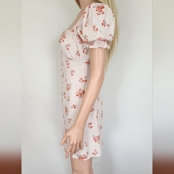 BARDOT FLORAL BEIGE SMOCKED COTTON CAP SLEEVES MINI SHORT SEXY DRESS 6 SMALL - Picture 3 of 14
